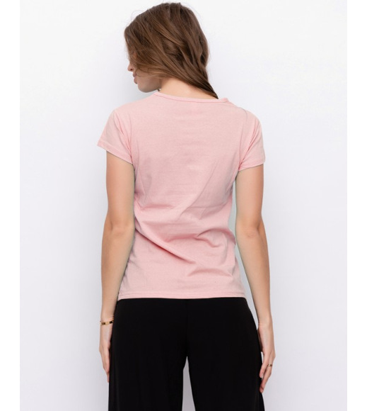 Розовая хлопковая тонкая футболка с аппликацией