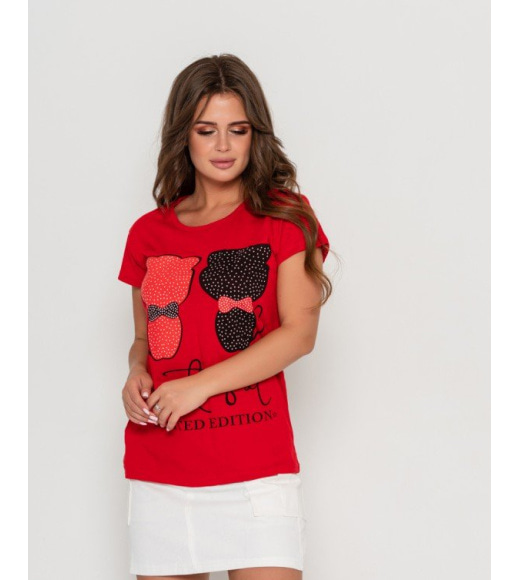 Красная хлопковая футболка с принтом и надписями