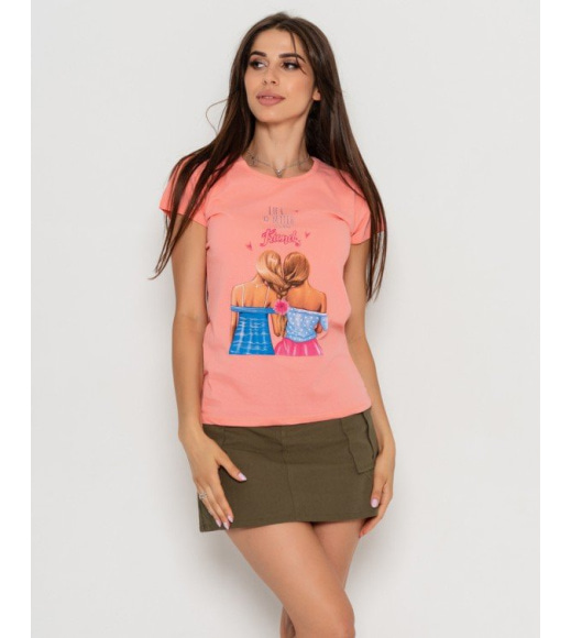 Персикова бавовняна футболка з яскравим принтом