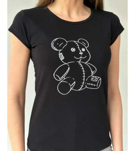 Черная хлопковая футболка с мишкой