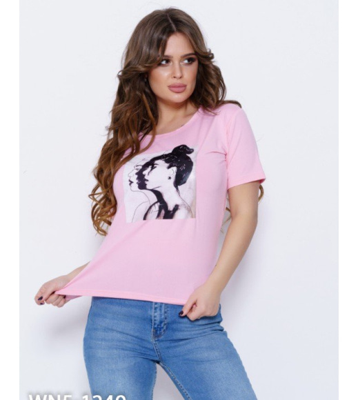 Рожева меланжева трикотажна футболка з принтом