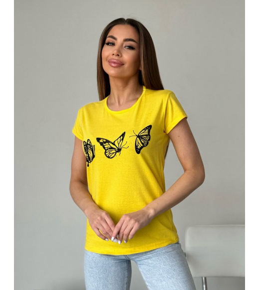 Желтая хлопковая футболка с бабочками