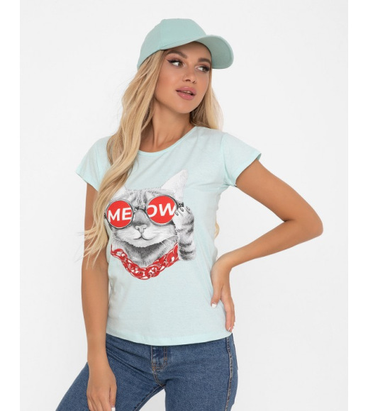 М`ятна бавовняна футболка з котячим принтом