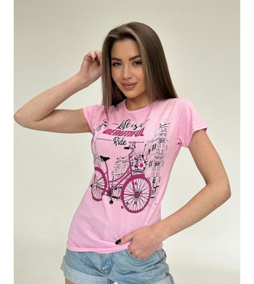 Розовая трикотажная футболка с велосипедом