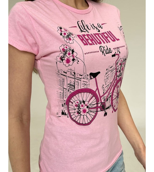 Розовая трикотажная футболка с велосипедом
