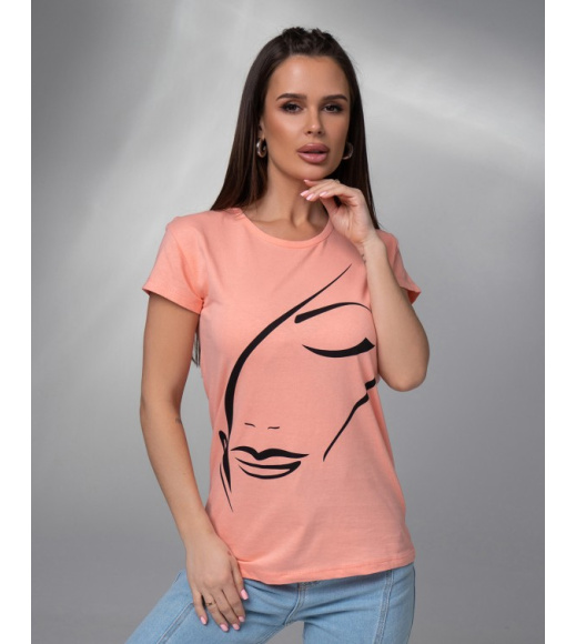 Персиковая хлопковая футболка с силуэтным рисунком