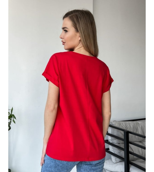 Красная футболка кимоно с вышитым декором