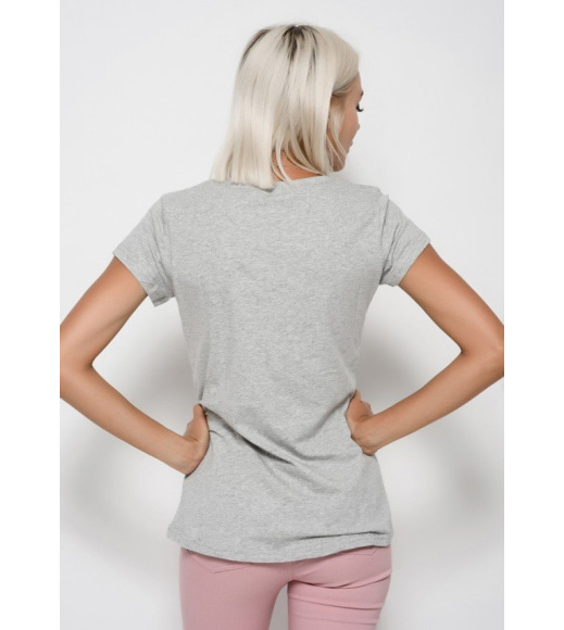 Сіра футболка з тонкого трикотажу з подовженою спинкою і розшитий стеклярусом і паєтками принтом