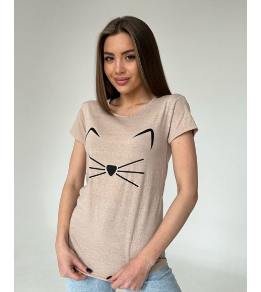 Бежева бавовняна футболка з кішечкою