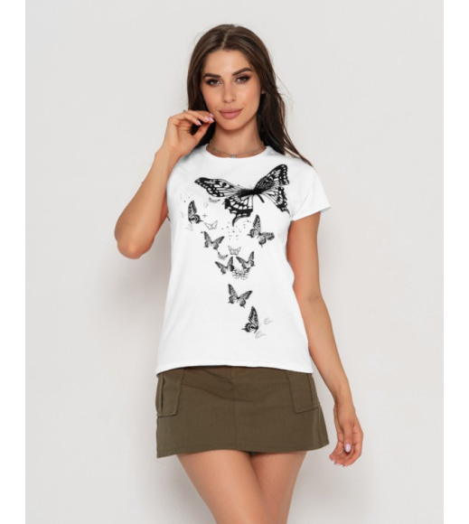 Біла футболка з принтом і мереживним метеликом