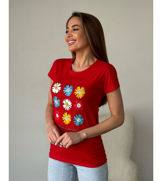 Червона бавовняна футболка з кольоровим квітковим малюнком