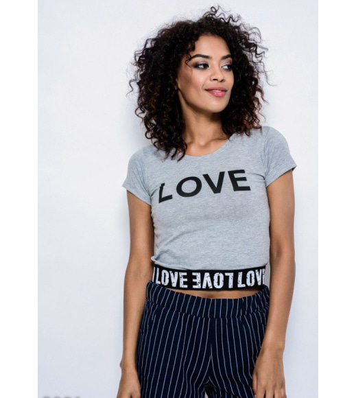 Сіра трикотажна футболкас манжетою-резинкою і принтом LOVE