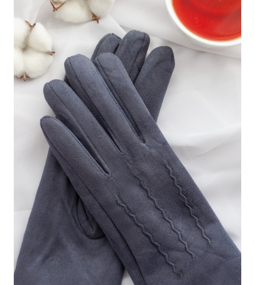 Сині рукавички з еко-замші на хутрі