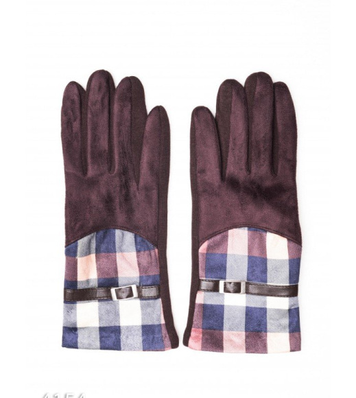 Коричневые комбинированные перчатки с замшей и клетчатой вставкой