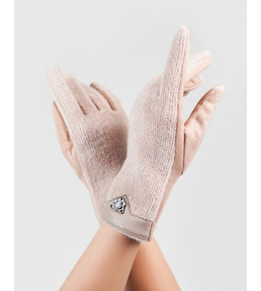 Бежеві комбіновані рукавички з фактурною вставкою