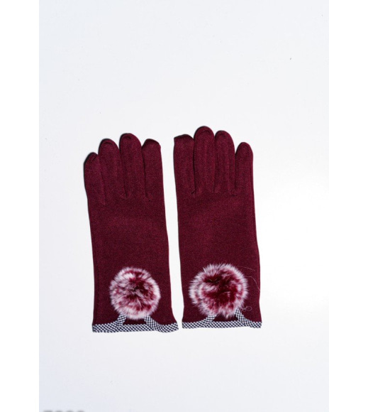 Бордовые эластичные тонкие перчатки на флисе с помпоном