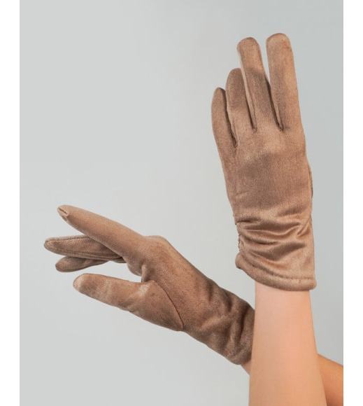 Бежеві однотонні рукавички з еко-замші на хутрі