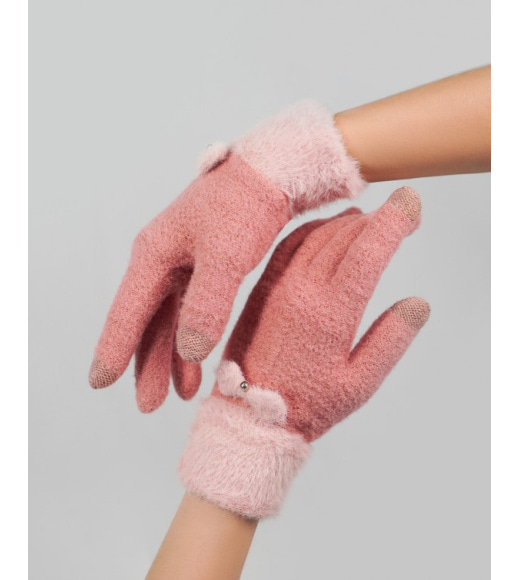Розовые шерстяные перчатки с фактурным манжетом