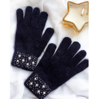 Темно-синие шерстяные перчатки со стразами на манжетах