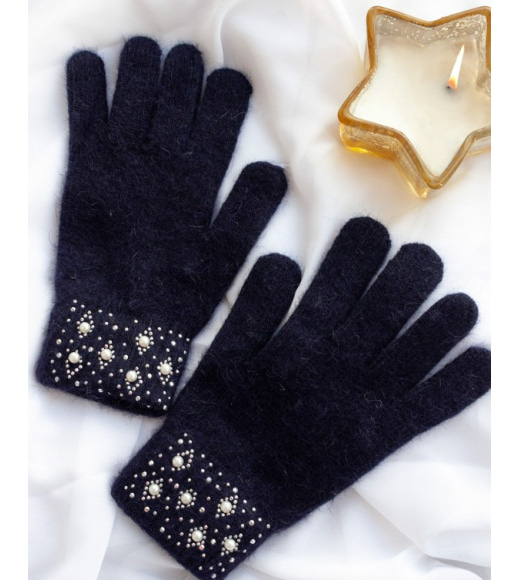 Темно-сині вовняні рукавички зі стразами на манжетах