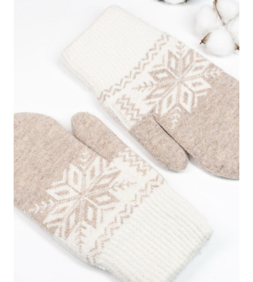 Бежеві вовняні рукавиці зі сніжинкою
