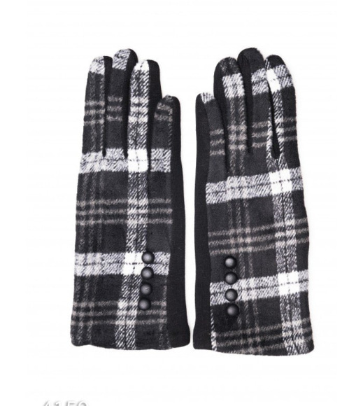 Черные комбинированные перчатки с клетчатой вставкой и рядом пуговок