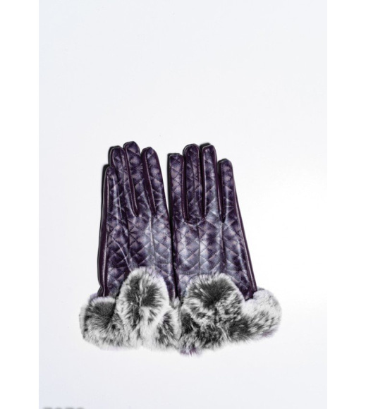 Фіолетові стьобані рукавички з еко-шкіри з хутряними манжетами