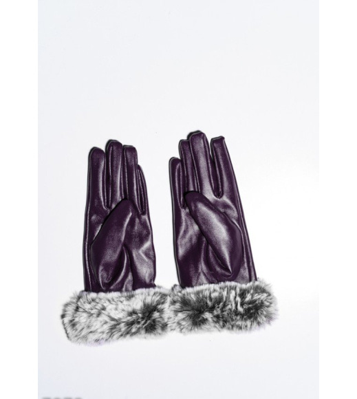 Фіолетові стьобані рукавички з еко-шкіри з хутряними манжетами