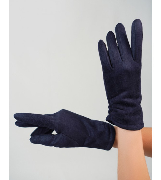 Сині однотонні рукавички з еко-замші на хутрі