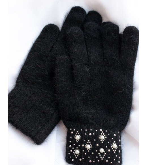 Чорні вовняні рукавички зі стразами на манжетах