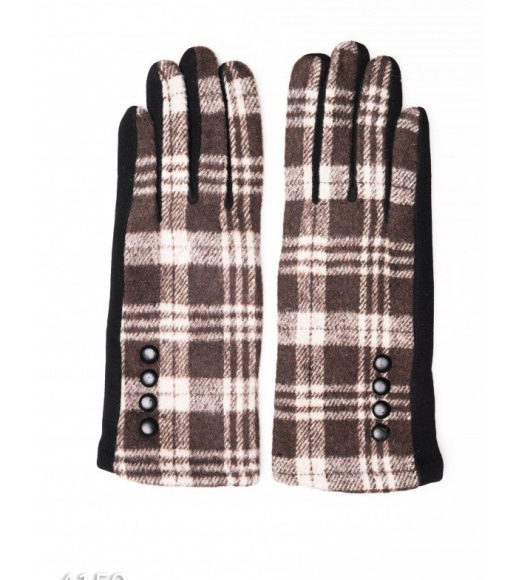 Коричневые комбинированные перчатки с клетчатой вставкой и рядом пуговок
