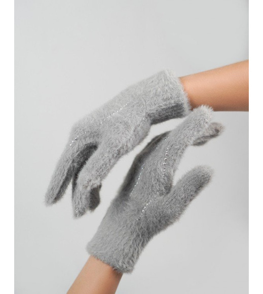 Серые утепленные перчатки со стразами