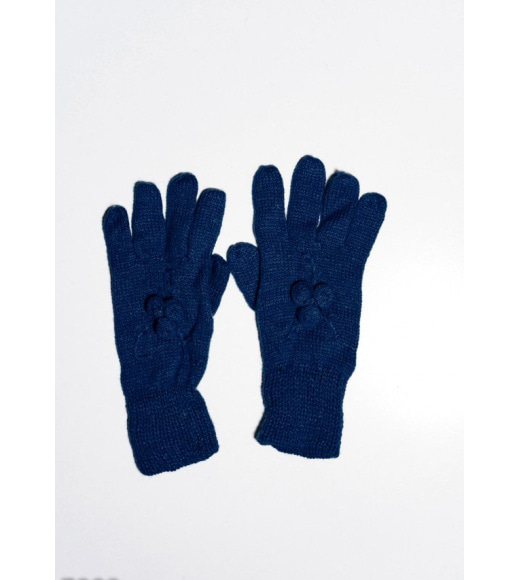 Темно-сині вовняні одношарові рукавички з об`ємною аплікацією