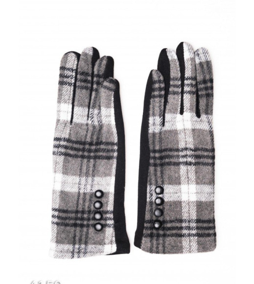 Сірі комбіновані рукавички з картатої вставкою і рядом гудзиків
