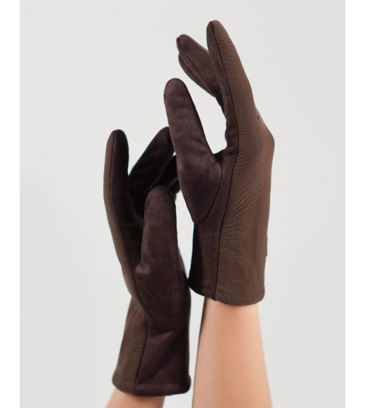Коричневі замшеві комбіновані рукавички на хутрі