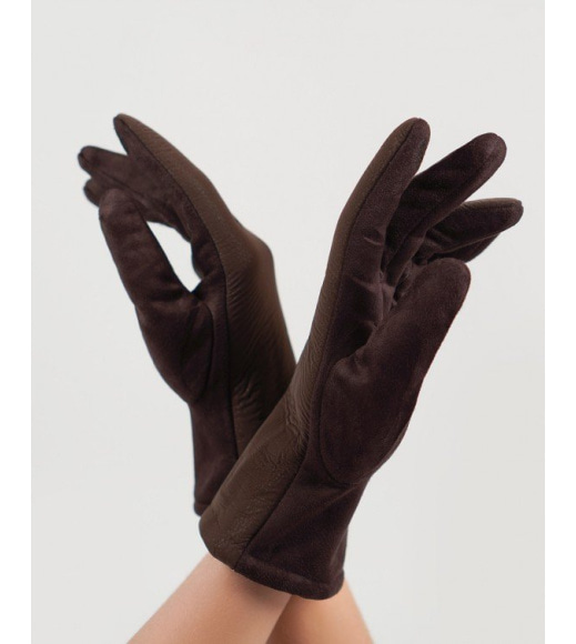 Коричневі замшеві комбіновані рукавички на хутрі