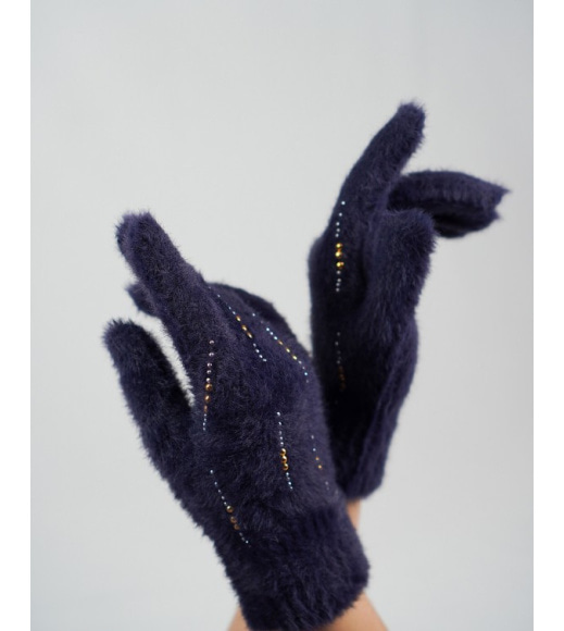 Сині утеплені рукавички зі стразами