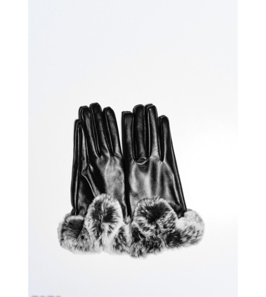 Черные перчатки из эко-кожи с меховыми манжетами
