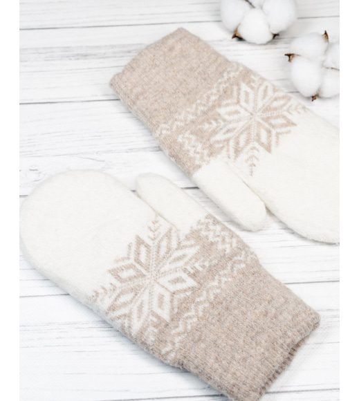 Бежево-білі вовняні рукавиці зі сніжинкою