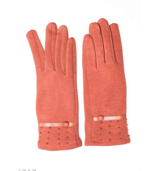 Коричневі рукавички з тонкої глянцевою смужкою та бісером