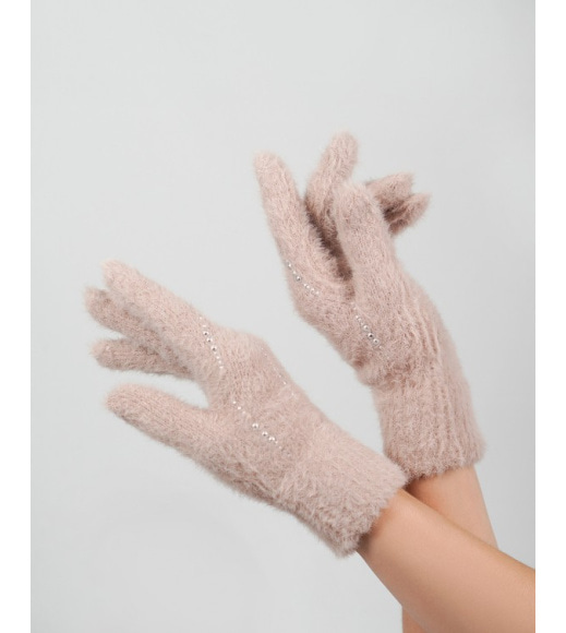 Бежеві утеплені рукавички зі стразами