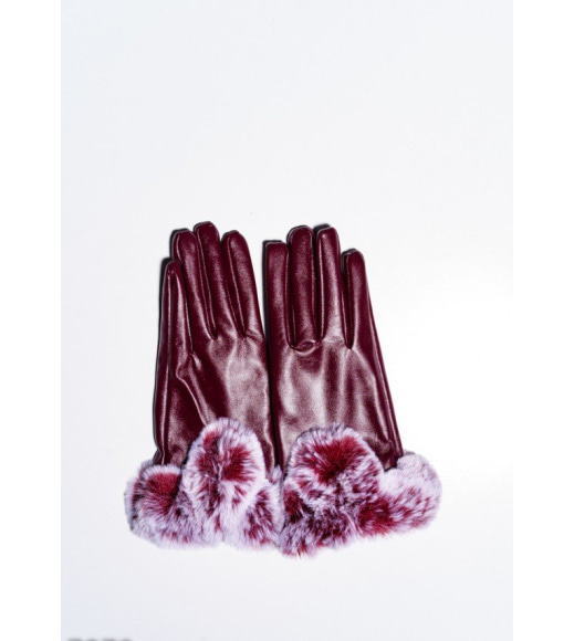 Бордові рукавички з еко-шкіри з хутряними манжетами
