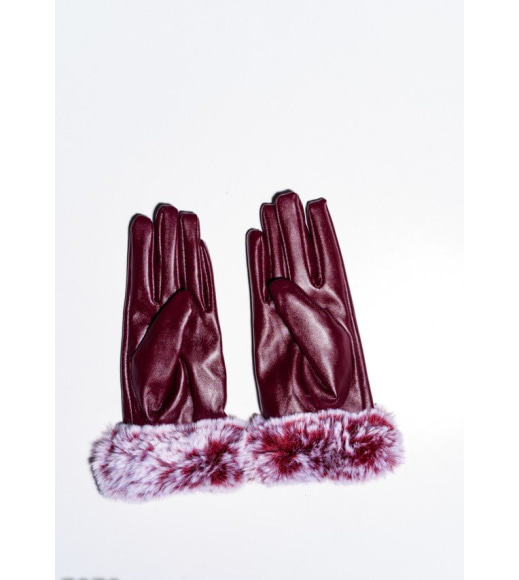 Бордові рукавички з еко-шкіри з хутряними манжетами