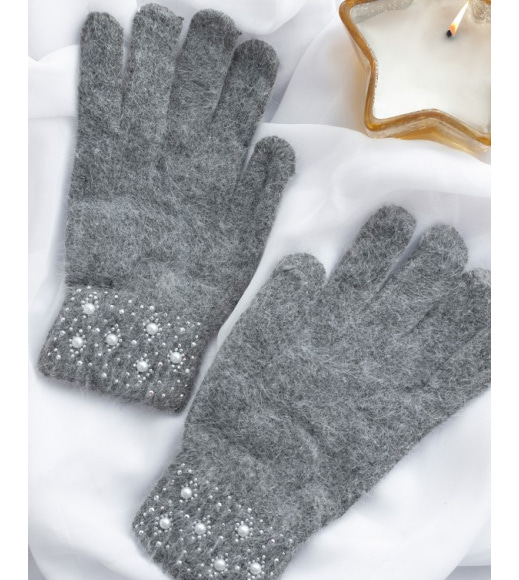 Темно-серые шерстяные перчатки со стразами на манжетах