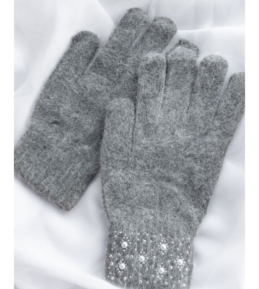 Темно-серые шерстяные перчатки со стразами на манжетах