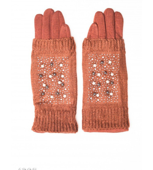 Коричневі рукавички-рукавиці з намистинами і пальчиками дрібної в`язки