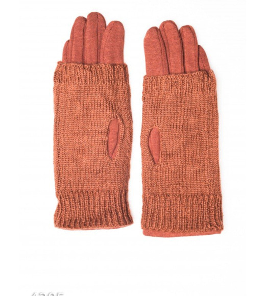 Коричневые перчатки-митенки с бусинами и пальчиками мелкой вязки