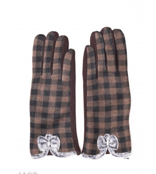Темно-коричневые клетчатые перчатки с меховыми бантиками