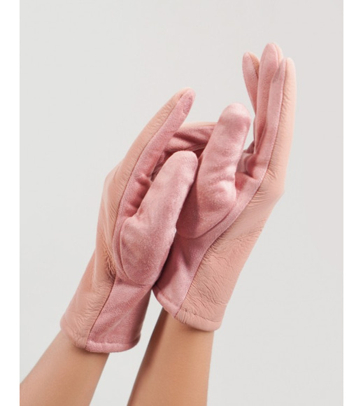 Розовые замшевые комбинированные перчатки на меху
