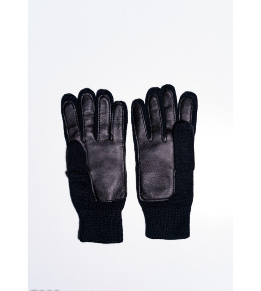 Черные шерстяные демисезонные перчатки с вставками из эко-кожи